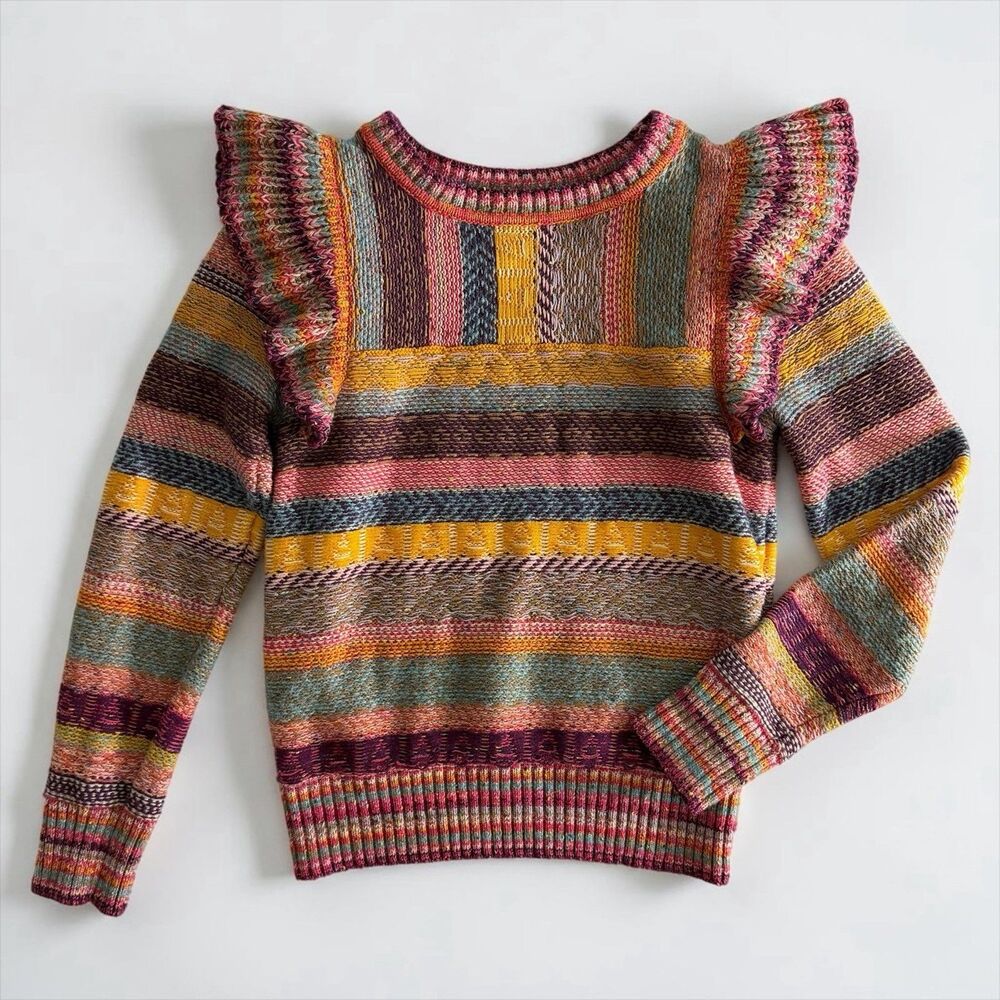 Pilcro Anthropologie Ruffled Shoulder Multi-Color Striped Boho Knit Sweater SM